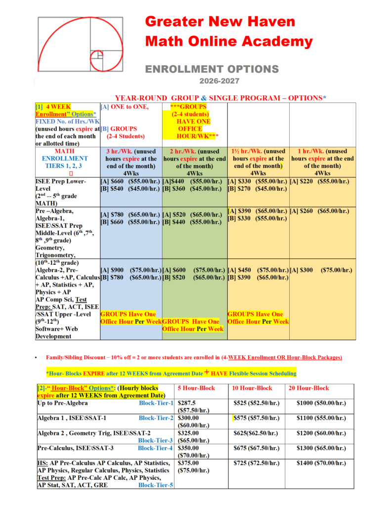 GNH-MathOnLine Academy Enrollment Options